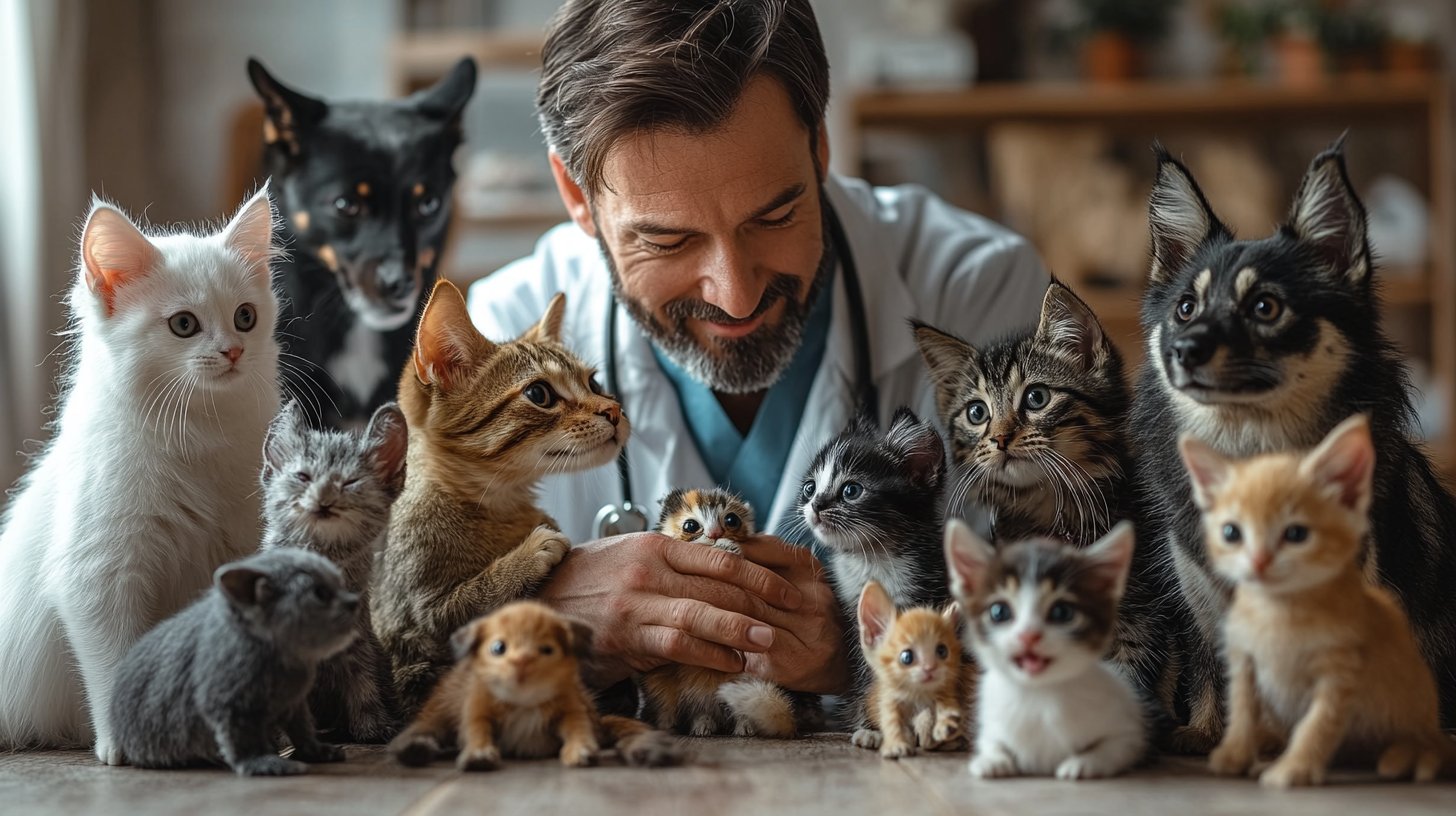 Vétérinaire avec chien, chat et NAC